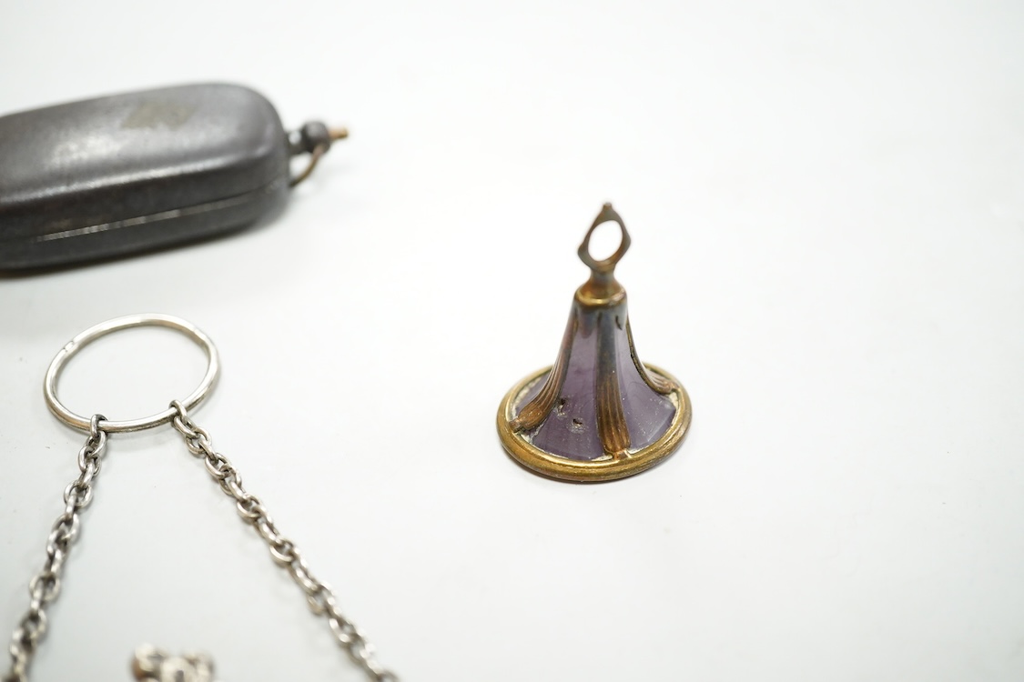A William IV engine turned silver etui case, maker GC, London, 1836, 61mm, together with a silver purse mount, amethyst? set fob seal and a base metal sovereign case.